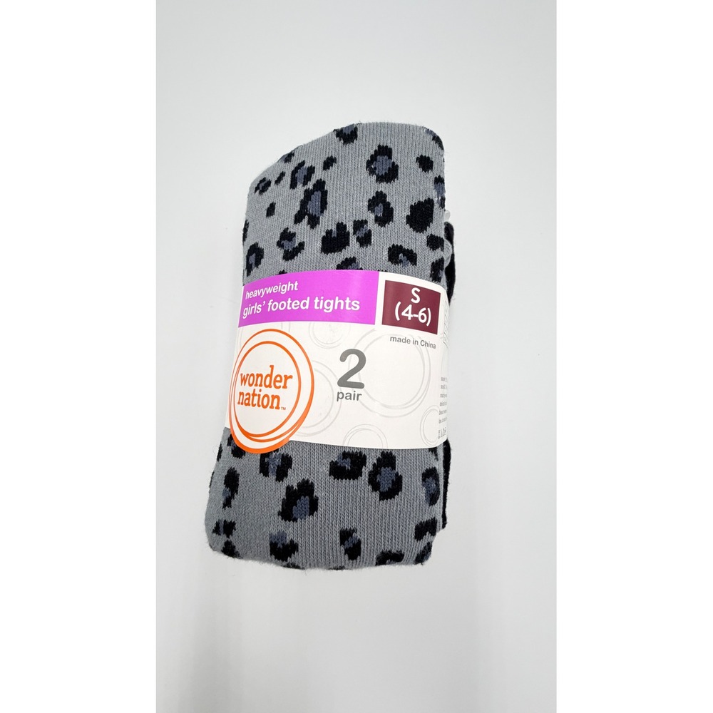 WonderNation Girls Heavyweight Footed Tights 2Pack Black Leopard Grey‎ S 4-6 NWT
